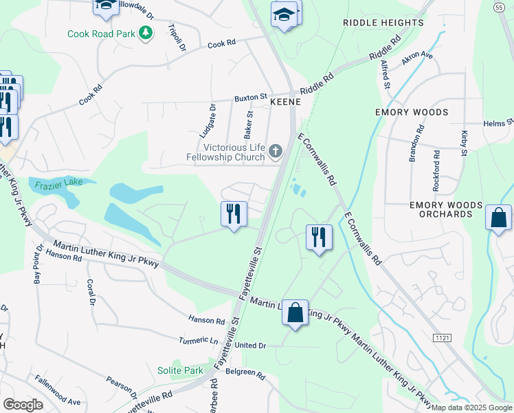 map of restaurants, bars, coffee shops, grocery stores, and more near 117 Marbella Grove Court in Durham
