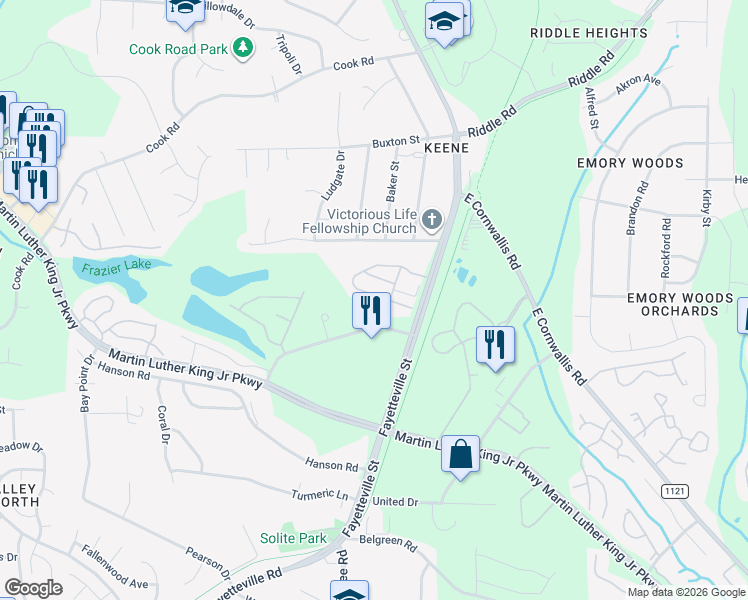 map of restaurants, bars, coffee shops, grocery stores, and more near 4302 Fayetteville Road in Durham