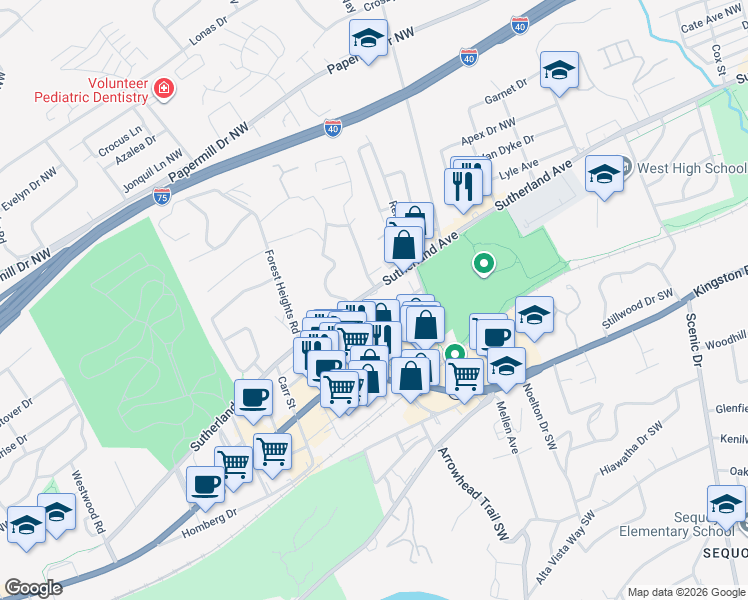 map of restaurants, bars, coffee shops, grocery stores, and more near 3818 Sutherland Avenue in Knoxville