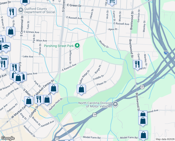 map of restaurants, bars, coffee shops, grocery stores, and more near 1416 Valley Ridge Drive in High Point