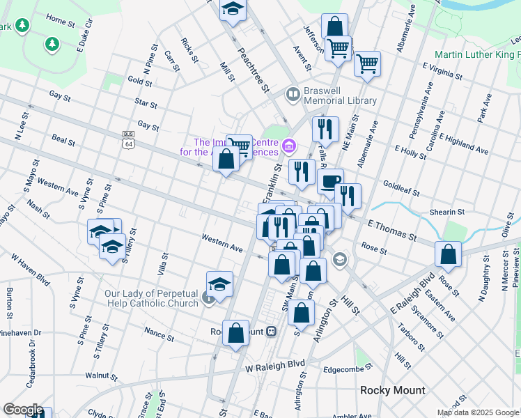 map of restaurants, bars, coffee shops, grocery stores, and more near 120 North Franklin Street in Rocky Mount