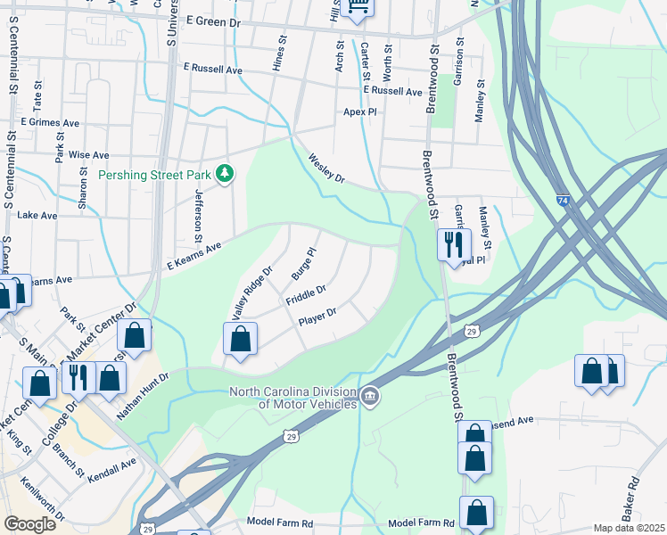 map of restaurants, bars, coffee shops, grocery stores, and more near 425 Friddle Drive in High Point