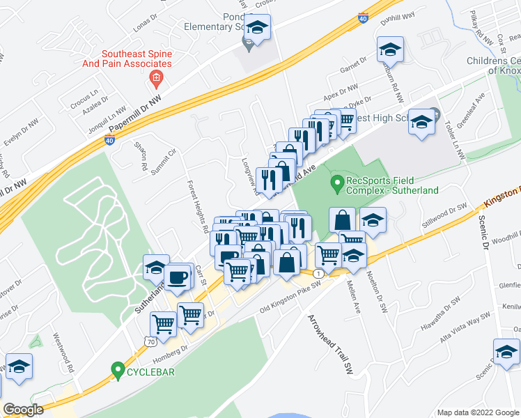map of restaurants, bars, coffee shops, grocery stores, and more near 3818 Sutherland Avenue in Knoxville