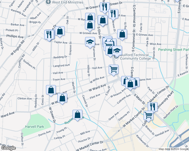 map of restaurants, bars, coffee shops, grocery stores, and more near 824 Fairview Street in High Point