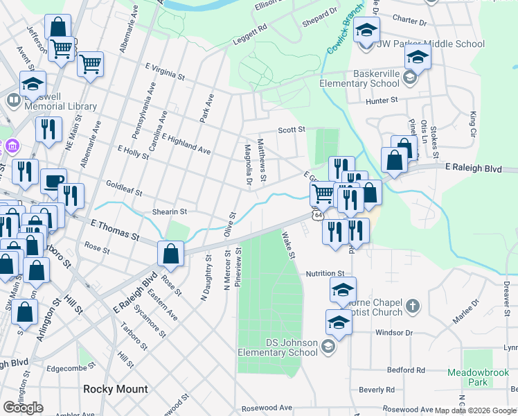 map of restaurants, bars, coffee shops, grocery stores, and more near 337 Matthews Street in Rocky Mount
