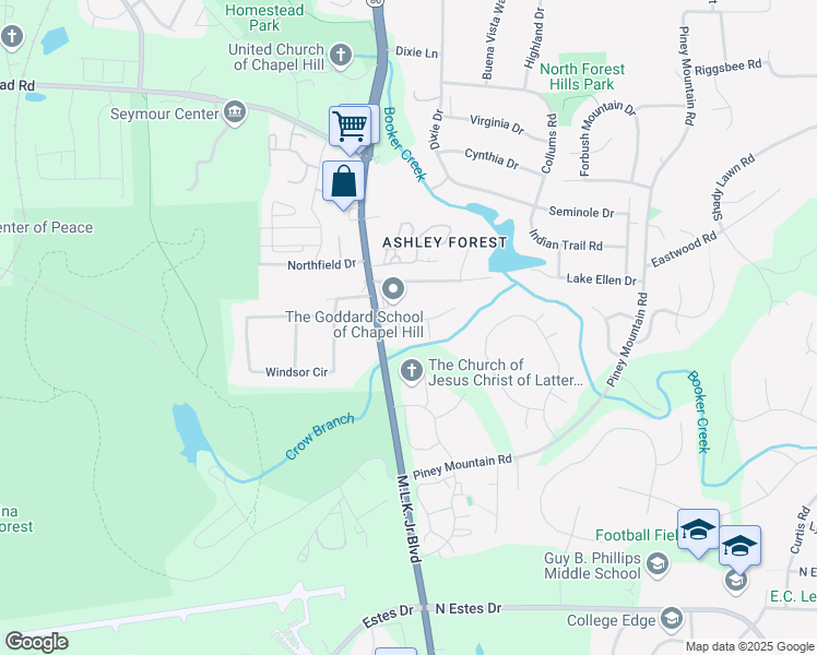 map of restaurants, bars, coffee shops, grocery stores, and more near 207 Ashley Forest Road in Chapel Hill