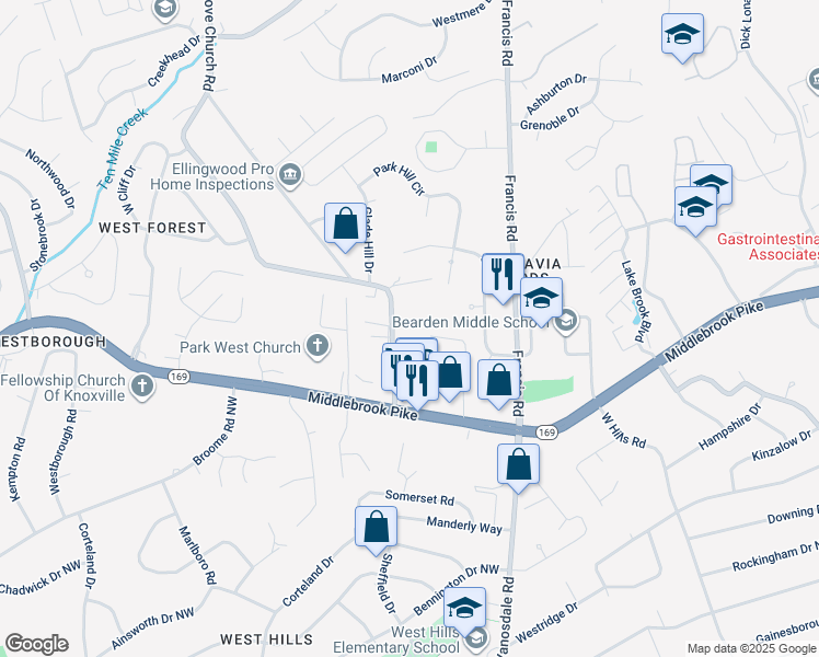 map of restaurants, bars, coffee shops, grocery stores, and more near 1024 Piney Grove Church Road in Knoxville