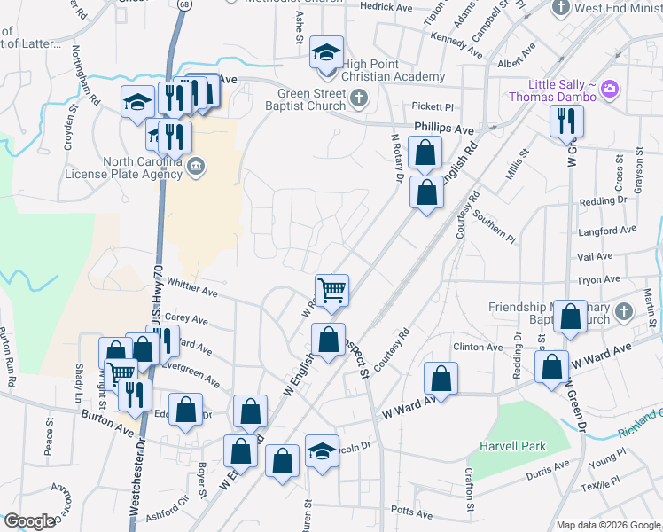 map of restaurants, bars, coffee shops, grocery stores, and more near 1804 West Rotary Drive in High Point