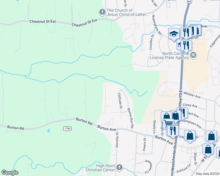 map of restaurants, bars, coffee shops, grocery stores, and more near 1253 Brownsfield Court in High Point