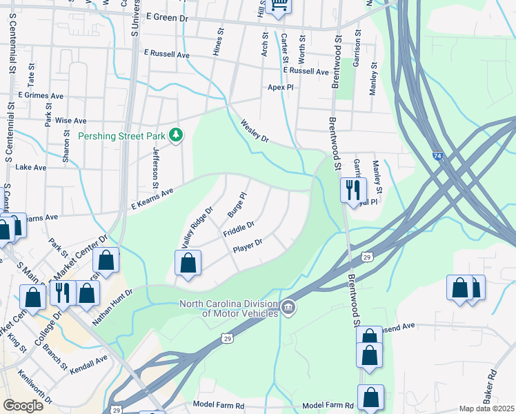 map of restaurants, bars, coffee shops, grocery stores, and more near 425 Friddle Drive in High Point