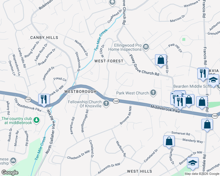 map of restaurants, bars, coffee shops, grocery stores, and more near 932 West Forest Boulevard in Knoxville