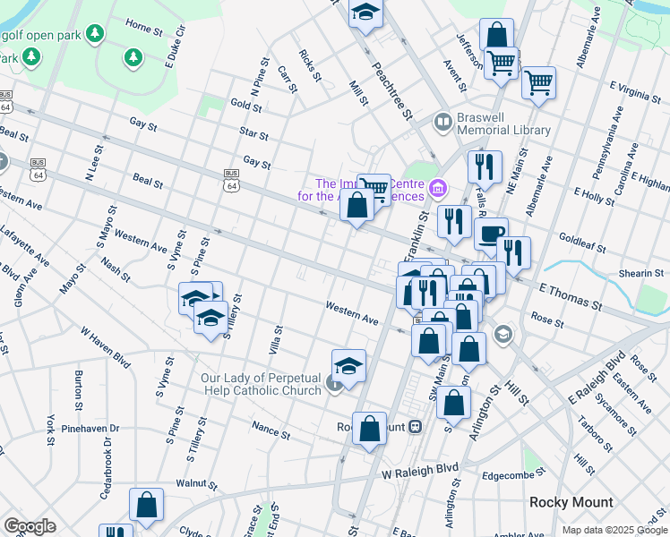 map of restaurants, bars, coffee shops, grocery stores, and more near 512 Sunset Avenue in Rocky Mount