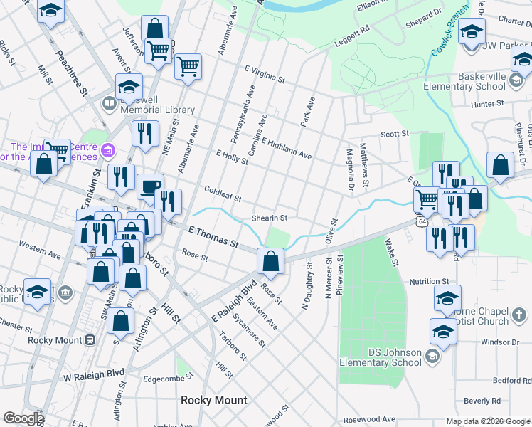 map of restaurants, bars, coffee shops, grocery stores, and more near 614 Goldleaf Street in Rocky Mount