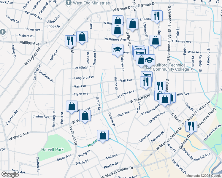 map of restaurants, bars, coffee shops, grocery stores, and more near 807 Mobile Street in High Point