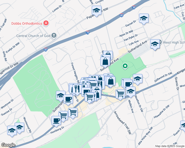 map of restaurants, bars, coffee shops, grocery stores, and more near 500 Forest Hills Boulevard in Knoxville