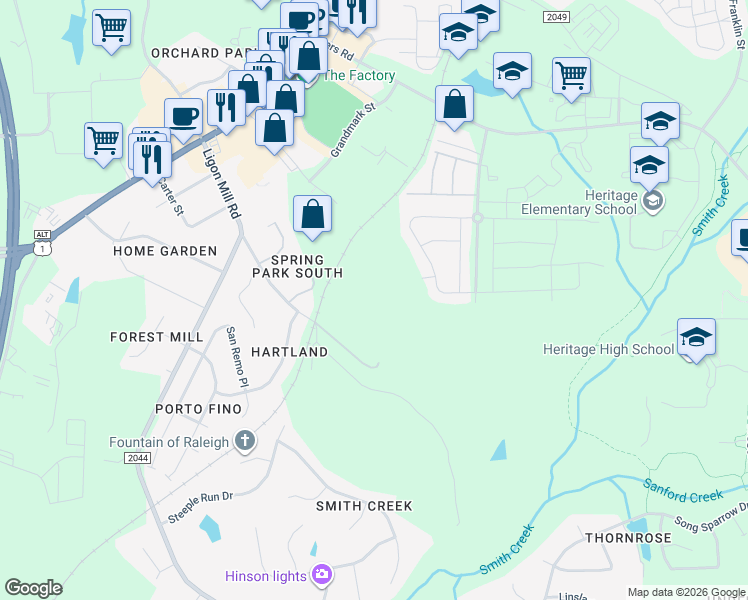 map of restaurants, bars, coffee shops, grocery stores, and more near 9972 Seawell Drive in Wake Forest