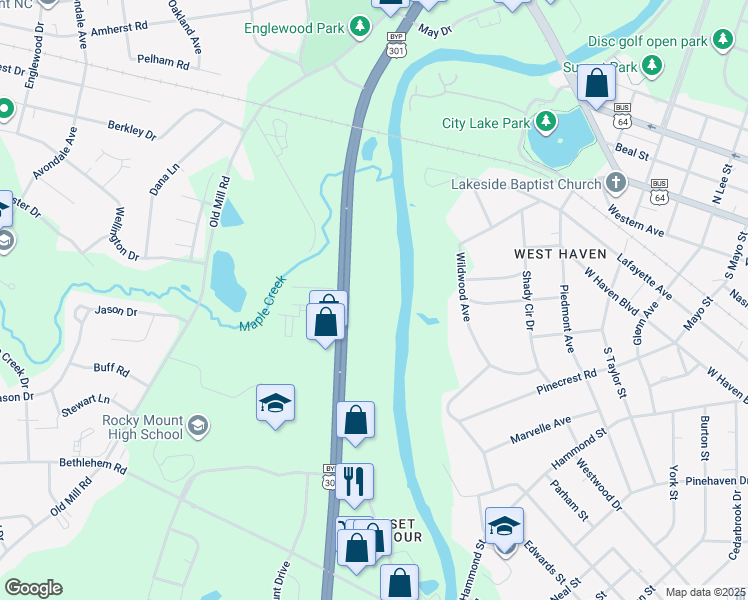 map of restaurants, bars, coffee shops, grocery stores, and more near 505 South Wesleyan Boulevard in Rocky Mount