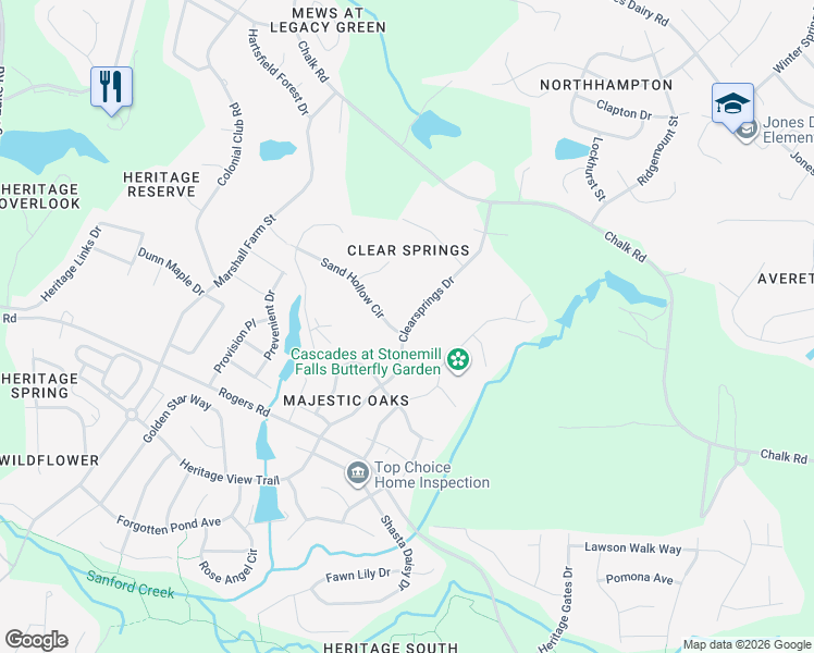 map of restaurants, bars, coffee shops, grocery stores, and more near 5817 Clearsprings Drive in Wake Forest