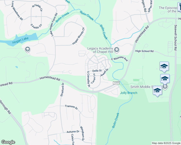 map of restaurants, bars, coffee shops, grocery stores, and more near 108 Della Street in Chapel Hill