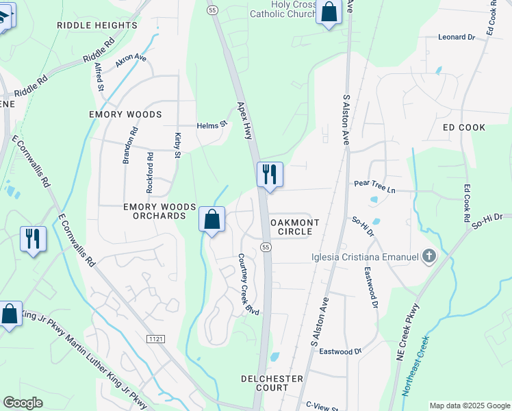 map of restaurants, bars, coffee shops, grocery stores, and more near 3104 Courtney Creek Boulevard in Durham