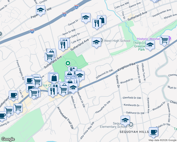 map of restaurants, bars, coffee shops, grocery stores, and more near 225 Sequoyah Gardens Way in Knoxville