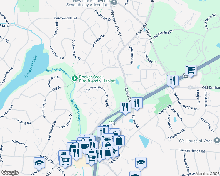 map of restaurants, bars, coffee shops, grocery stores, and more near 120 Berry Patch Lane in Chapel Hill
