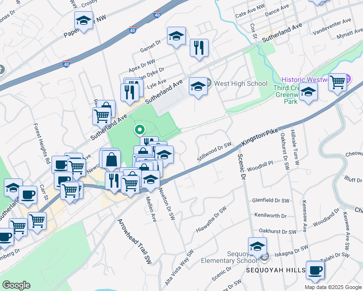 map of restaurants, bars, coffee shops, grocery stores, and more near 225 Sequoyah Gardens Way in Knoxville
