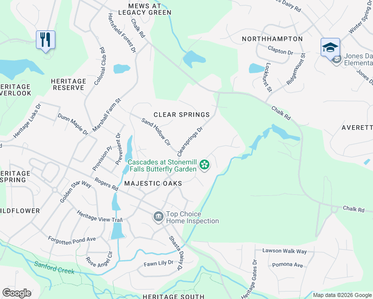 map of restaurants, bars, coffee shops, grocery stores, and more near 5817 Clearsprings Drive in Wake Forest