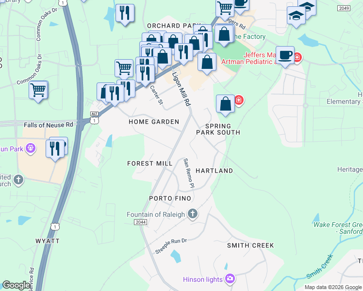 map of restaurants, bars, coffee shops, grocery stores, and more near 10009 Ligon Mill Road in Wake Forest