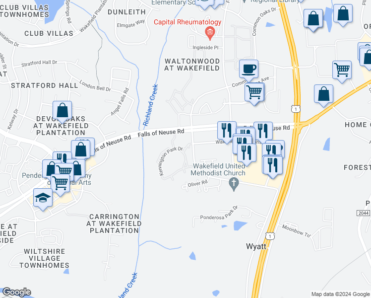 map of restaurants, bars, coffee shops, grocery stores, and more near 14134 Kennington Park Drive in Raleigh