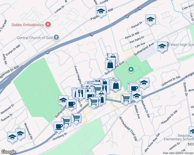 map of restaurants, bars, coffee shops, grocery stores, and more near 500 Forest Hills Boulevard in Knoxville