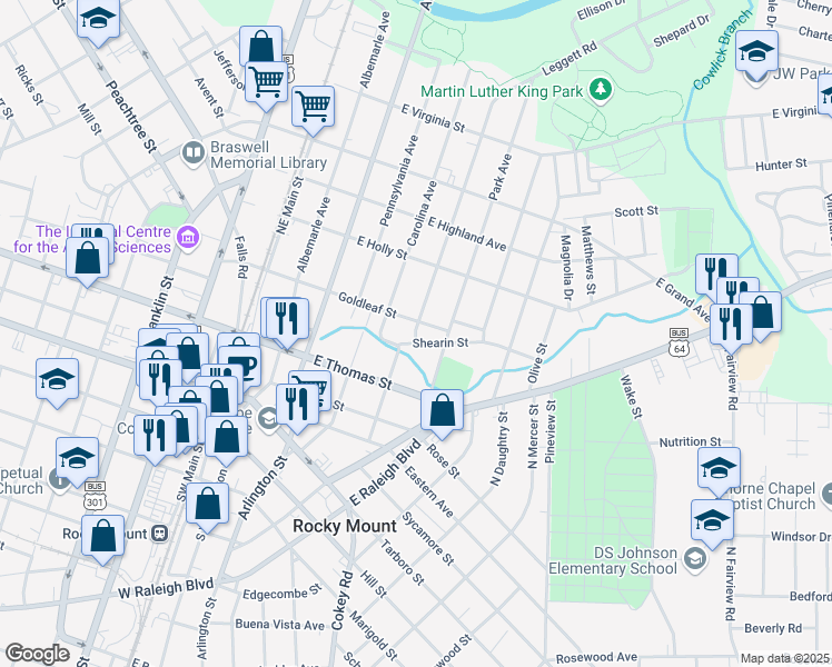 map of restaurants, bars, coffee shops, grocery stores, and more near 511 Goldleaf St in Rocky Mt
