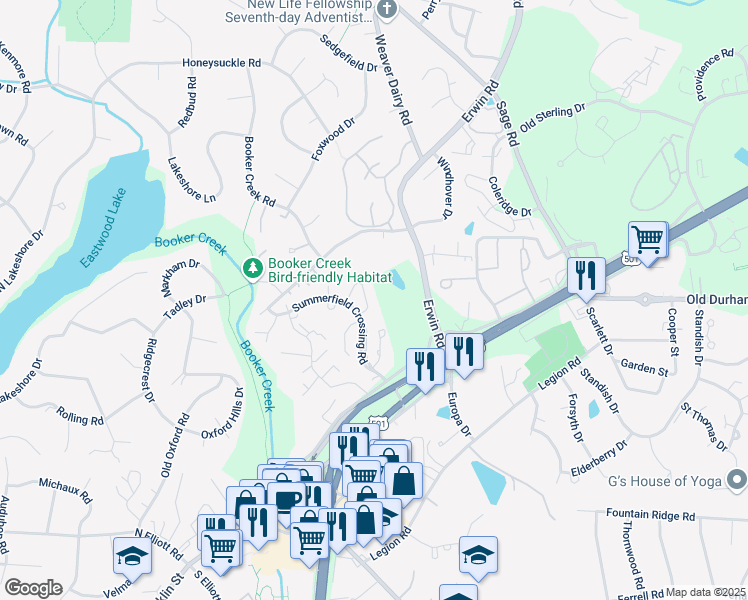 map of restaurants, bars, coffee shops, grocery stores, and more near 120 Berry Patch Lane in Chapel Hill