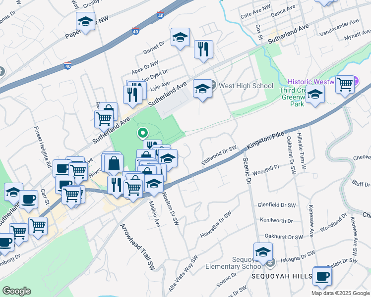 map of restaurants, bars, coffee shops, grocery stores, and more near 228 Sequoyah Gardens Way in Knoxville