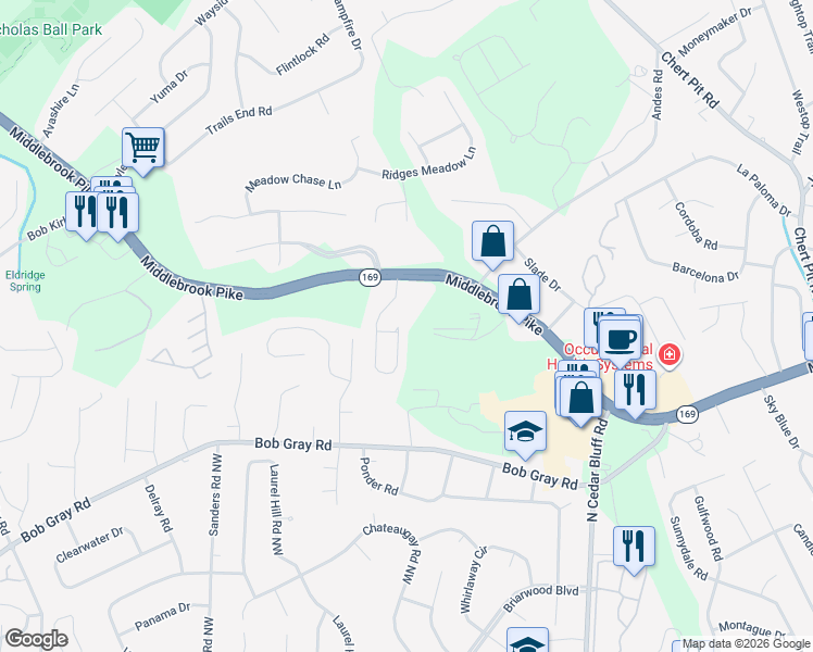 map of restaurants, bars, coffee shops, grocery stores, and more near 1100 Durham Road in Knoxville