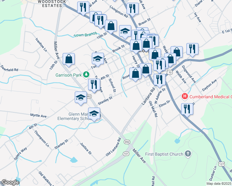 map of restaurants, bars, coffee shops, grocery stores, and more near 36 Cumberland Apartments Lane in Crossville