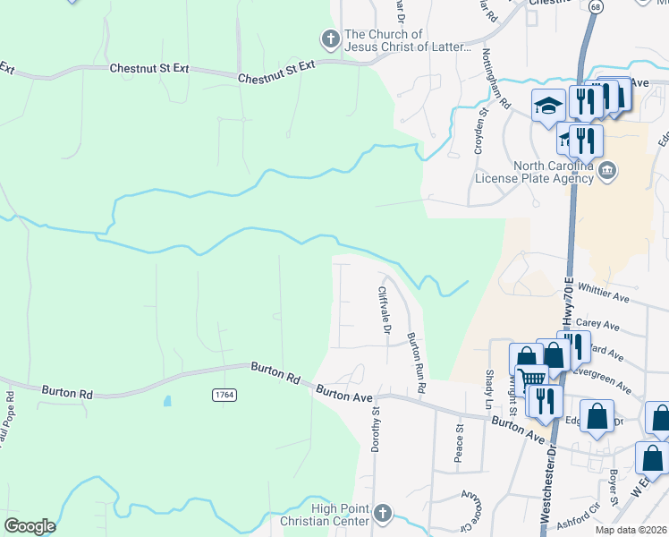 map of restaurants, bars, coffee shops, grocery stores, and more near 1256 Brownsfield Court in High Point