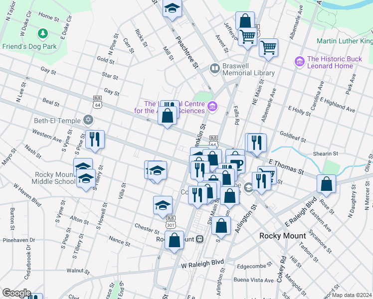map of restaurants, bars, coffee shops, grocery stores, and more near 120 North Franklin Street in Rocky Mount