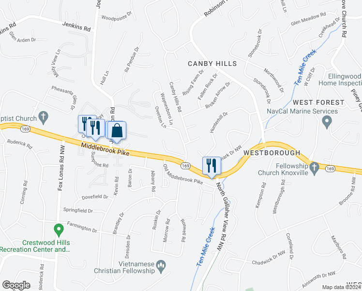 map of restaurants, bars, coffee shops, grocery stores, and more near 8631 Constance Way in Knoxville