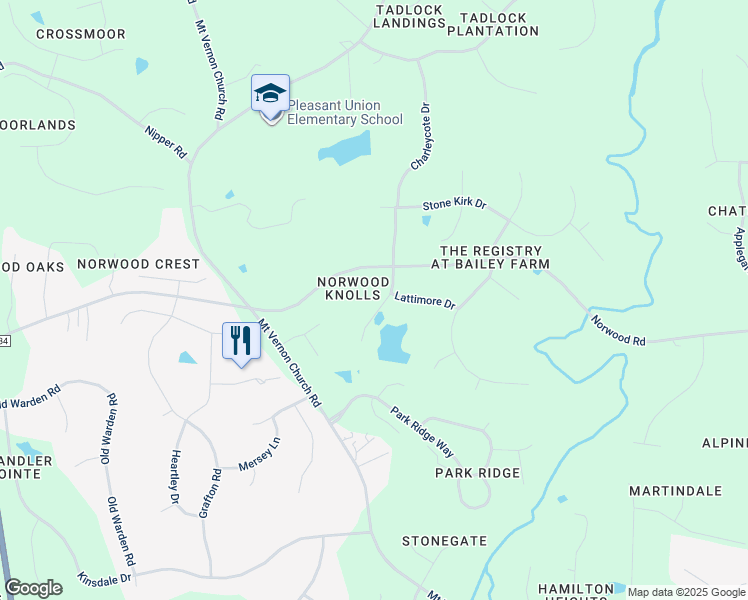 map of restaurants, bars, coffee shops, grocery stores, and more near 5917 Charleycote Drive in Raleigh
