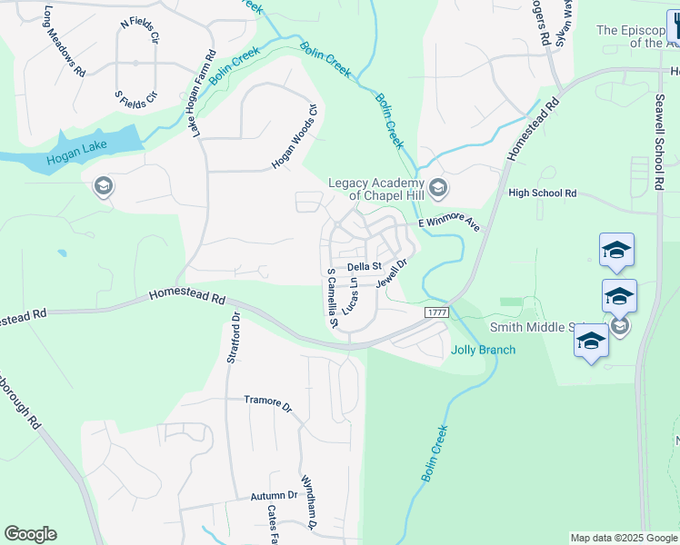 map of restaurants, bars, coffee shops, grocery stores, and more near 108 Della Street in Chapel Hill
