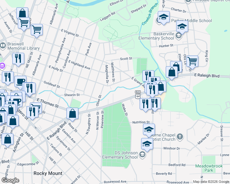 map of restaurants, bars, coffee shops, grocery stores, and more near 337 Matthews Street in Rocky Mount