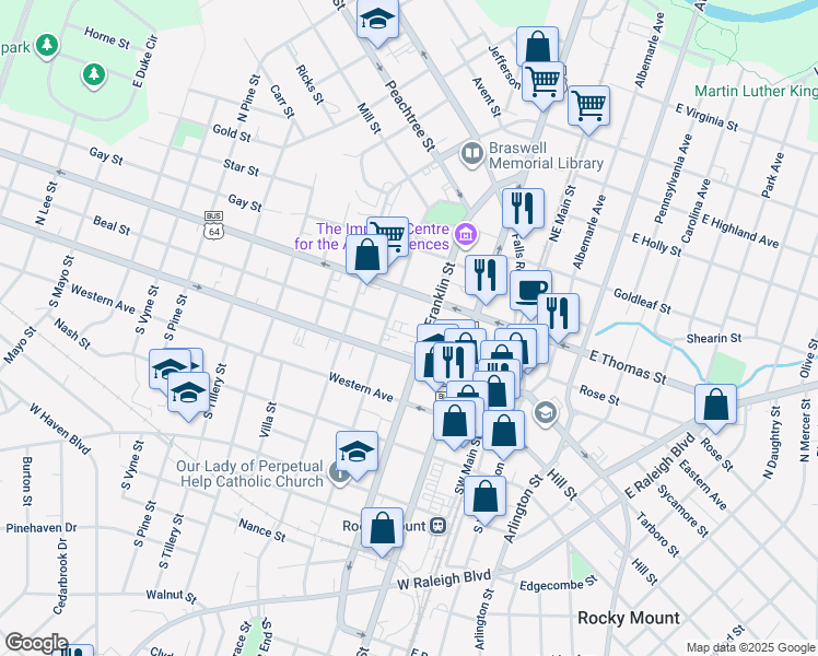 map of restaurants, bars, coffee shops, grocery stores, and more near 120 North Franklin Street in Rocky Mount