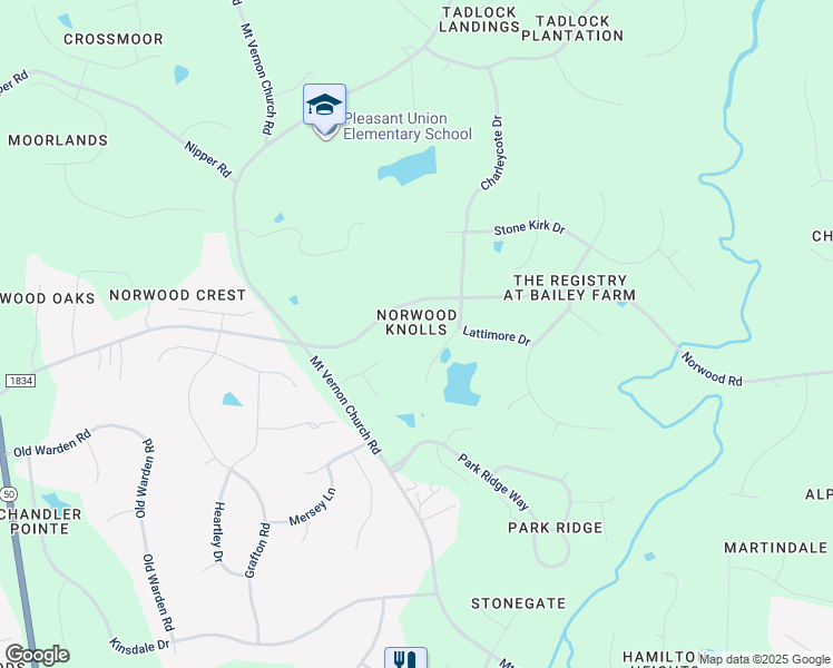 map of restaurants, bars, coffee shops, grocery stores, and more near 5900 Norwood Knolls Way in Raleigh