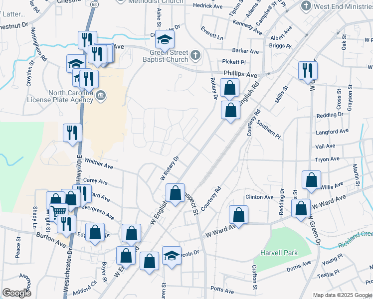 map of restaurants, bars, coffee shops, grocery stores, and more near 1803 West Rotary Drive in High Point