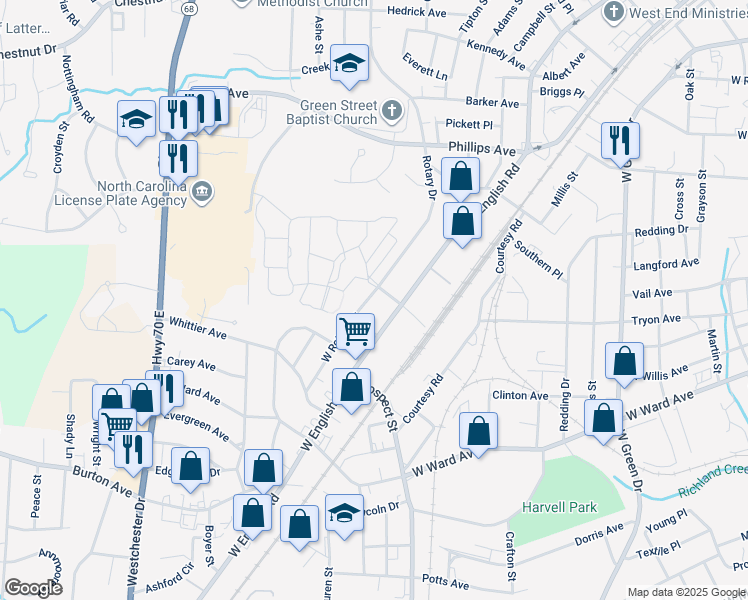 map of restaurants, bars, coffee shops, grocery stores, and more near 1803 West Rotary Drive in High Point