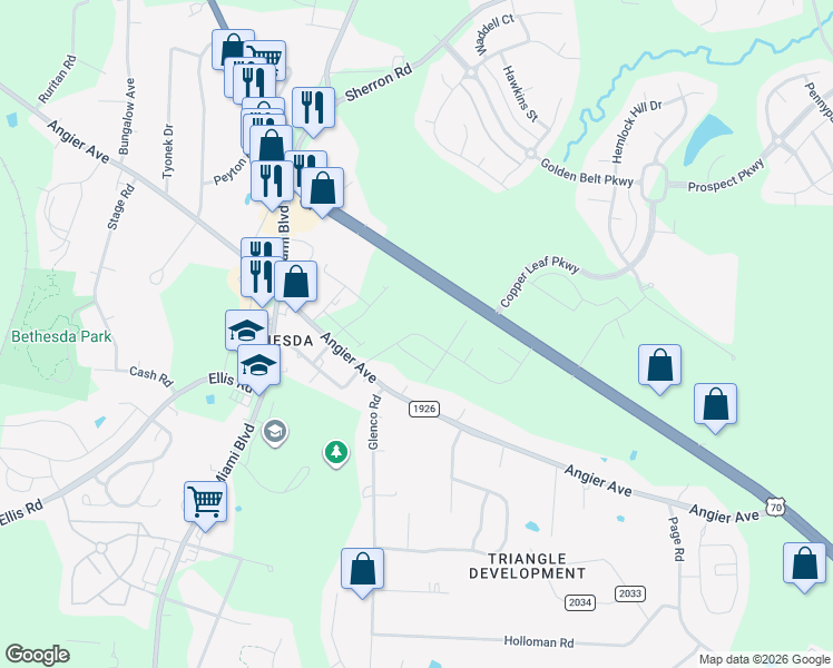map of restaurants, bars, coffee shops, grocery stores, and more near 2052 U.S. 70 in Durham