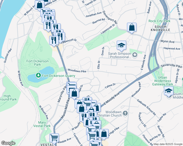 map of restaurants, bars, coffee shops, grocery stores, and more near 314 Woodlawn Pike in Knoxville