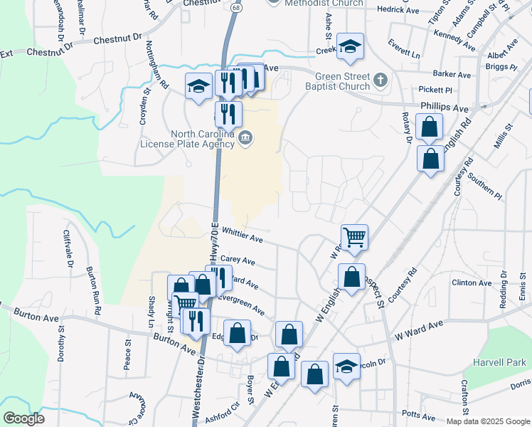 map of restaurants, bars, coffee shops, grocery stores, and more near 610 Whittier Avenue in High Point
