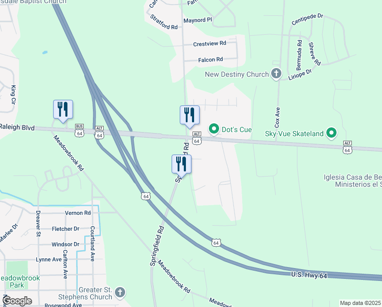 map of restaurants, bars, coffee shops, grocery stores, and more near 57 Springfield Road in Rocky Mount